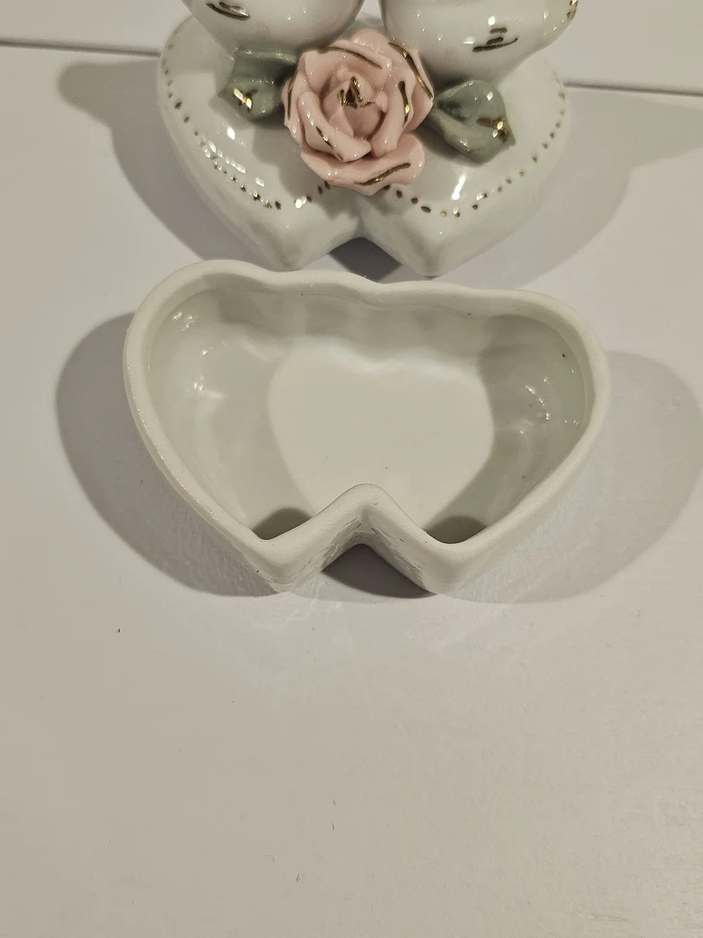 Porcelain Heart Jewelry Box with Swans & Pink Rose